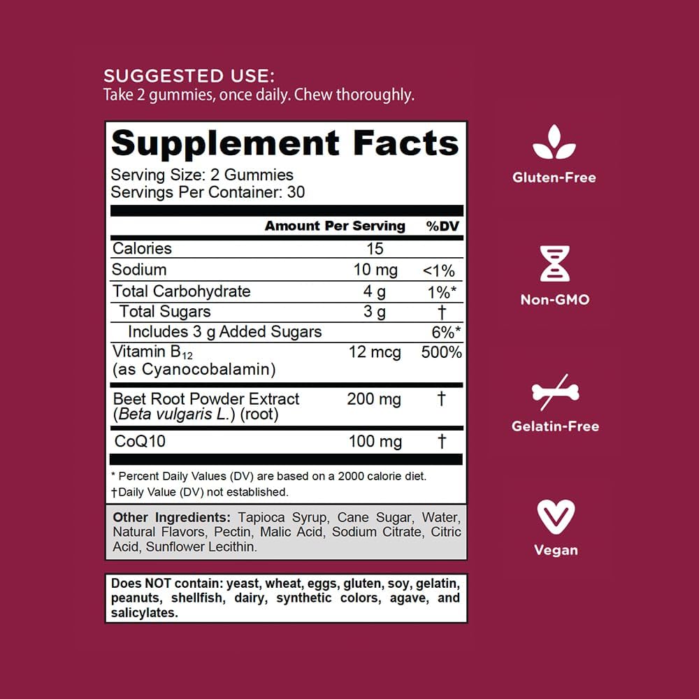 Goli Beets Cardio Gummy - Beet Root Extract & 100mg CoQ10, Gluten-Free, Vegan, Non-GMO, and Gelatin-Free. Nature's Great Superfood