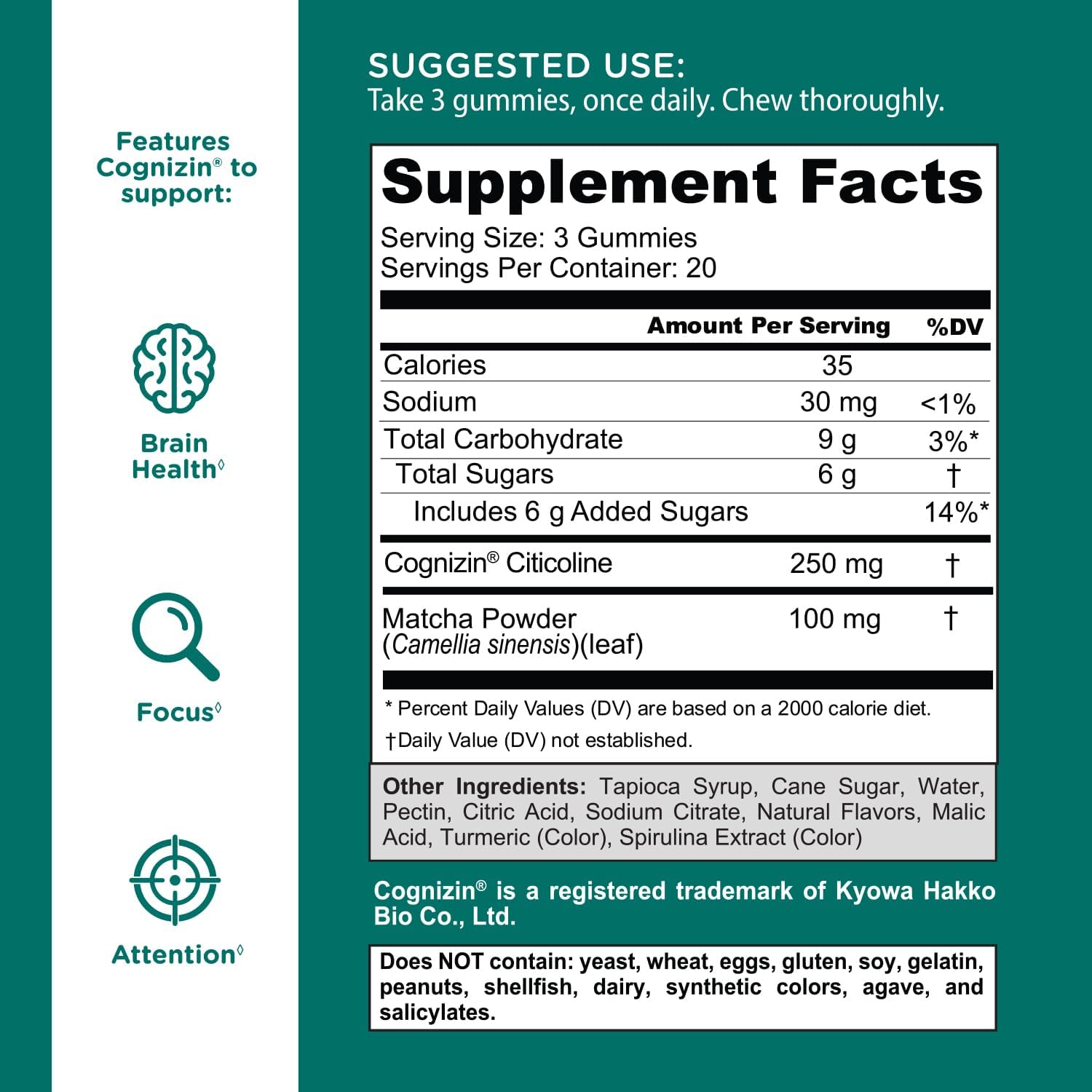 Goli Matcha Mind Gummies - Green Tea Leaves Powder with Cognizin for Focus, Attention and Brain Health, Vegan, Non-GMO, Gluten-Free & Gelatin Free