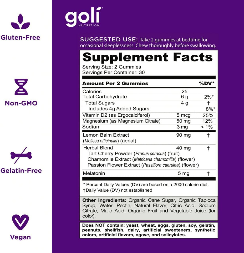 Goli Dreamy Sleep Gummy - Melatonin, Vitamin D, Magnesium, Lemon Balm Extract, Gelatin-Free, Gluten-Free, Vegan & Non-GMO