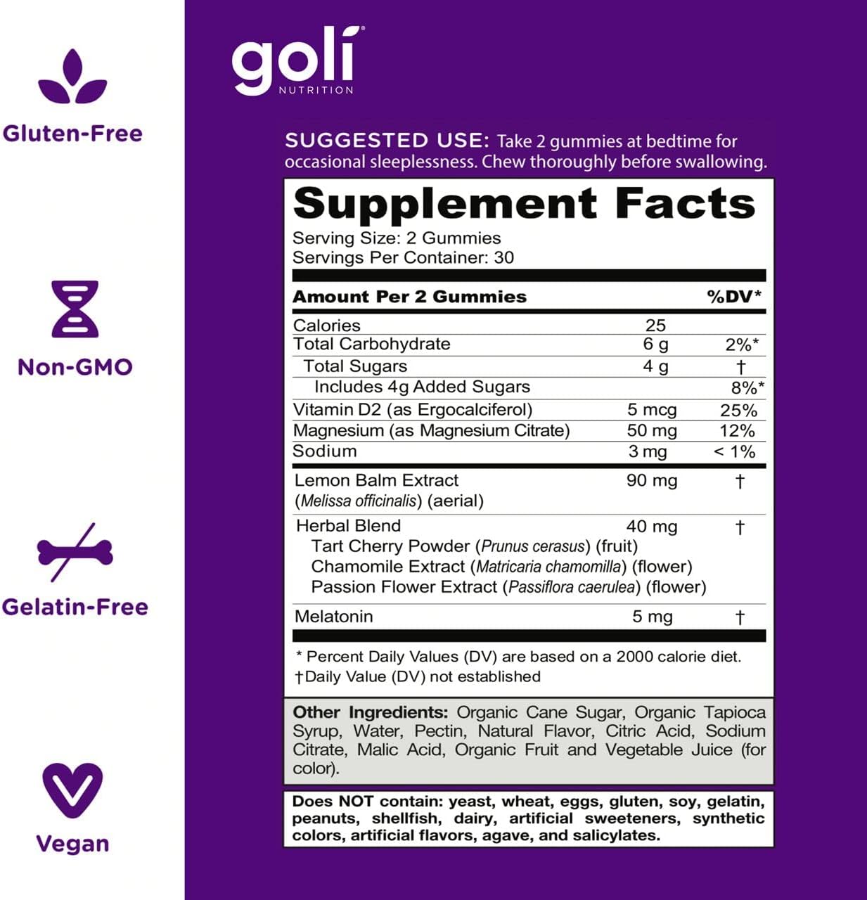 Goli Dreamy Sleep Gummy - Melatonin, Vitamin D, Magnesium, Lemon Balm Extract, Gelatin-Free, Gluten-Free, Vegan & Non-GMO