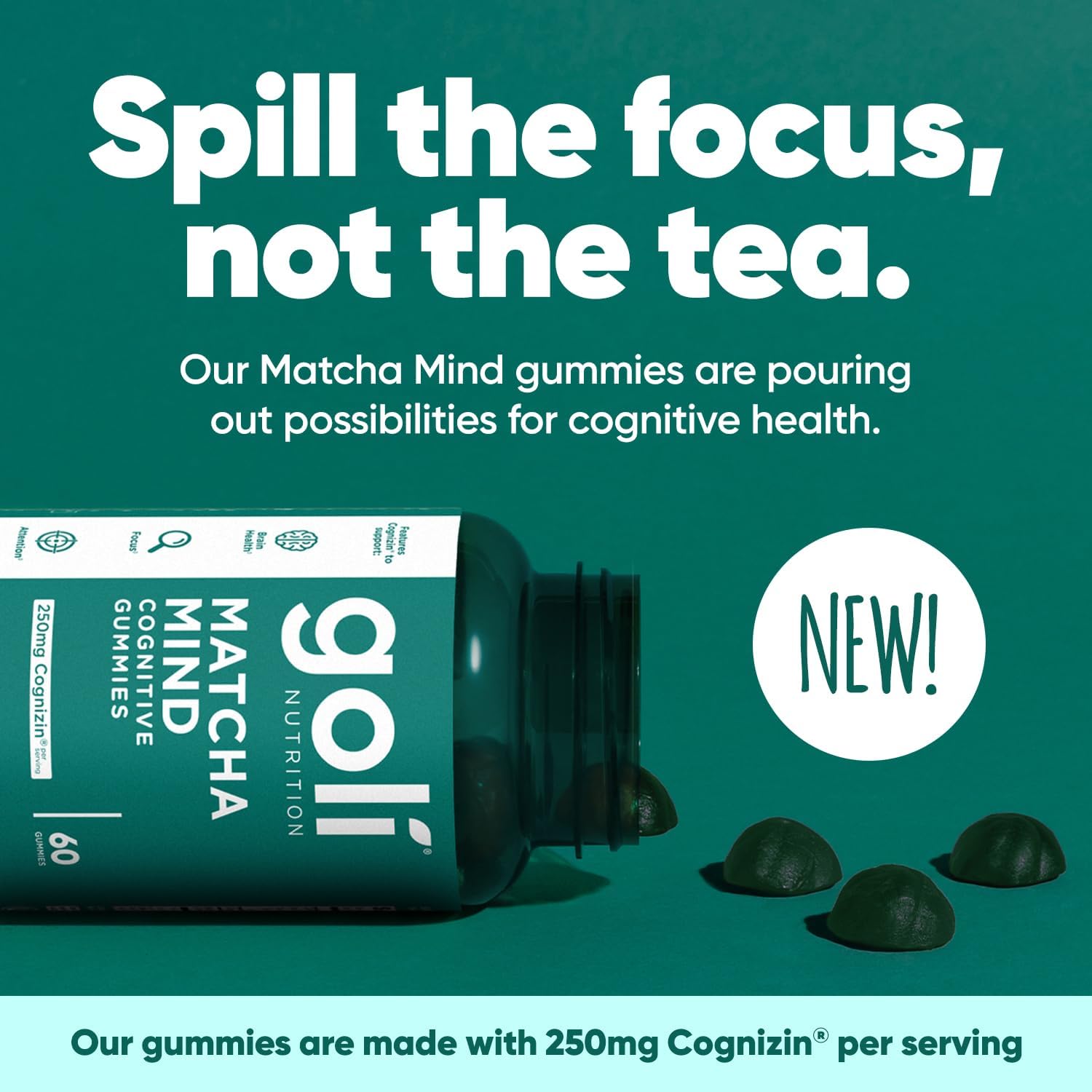Goli Matcha Mind Gummies - Green Tea Leaves Powder with Cognizin for Focus, Attention and Brain Health, Vegan, Non-GMO, Gluten-Free & Gelatin Free