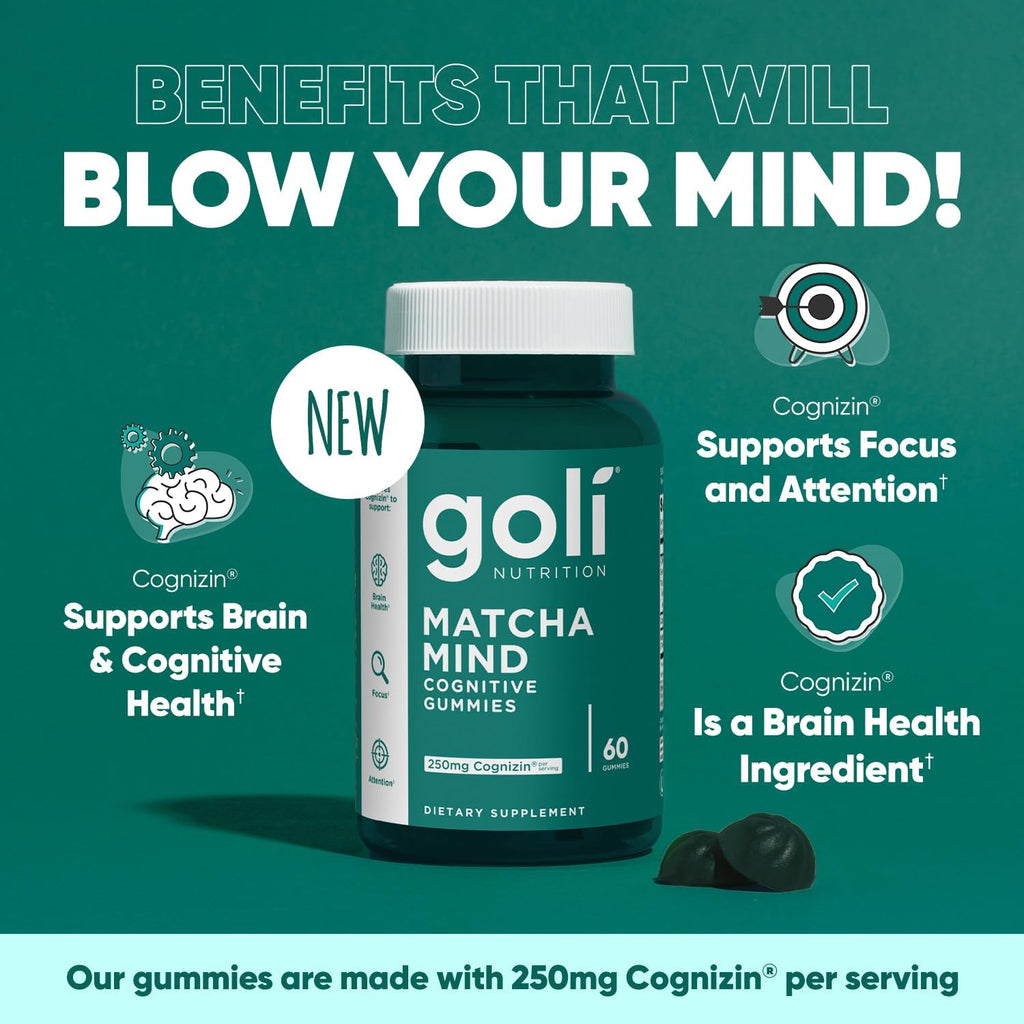 Goli Matcha Mind Gummies - Green Tea Leaves Powder with Cognizin for Focus, Attention and Brain Health, Vegan, Non-GMO, Gluten-Free & Gelatin Free