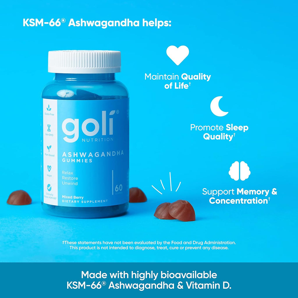 Goli Ashwagandha & Vitamin D Gummy - Mixed Berry, KSM-66, Vegan, Plant Based, Non-GMO, Gluten-Free & Gelatin Free. America's #1 Ashwagandha Brand